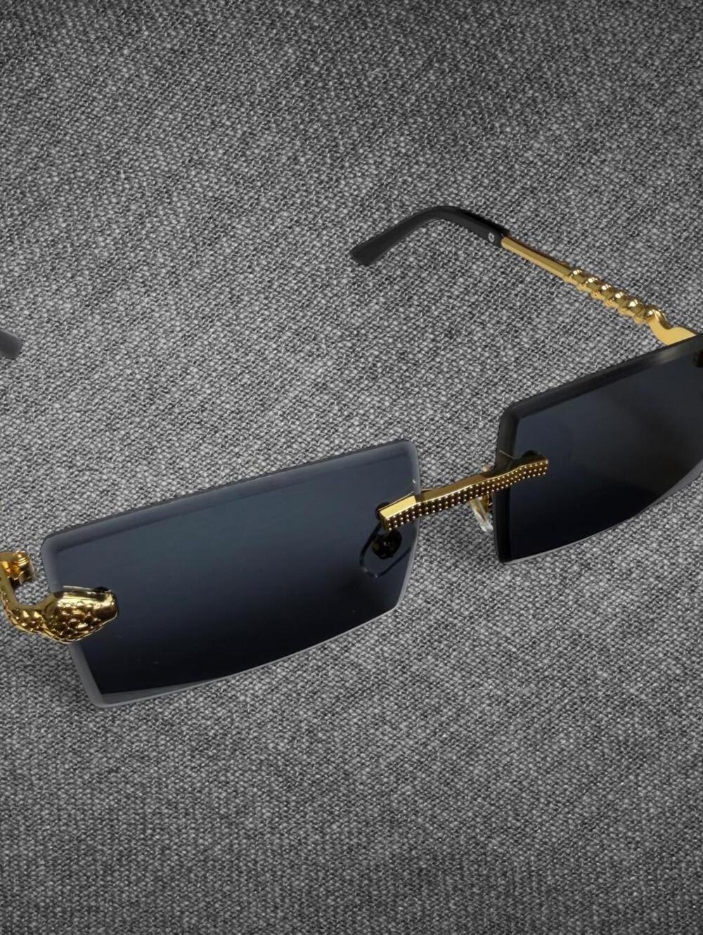 Black Rimless Rectangle Gold Serpent Y2K Sunglasses